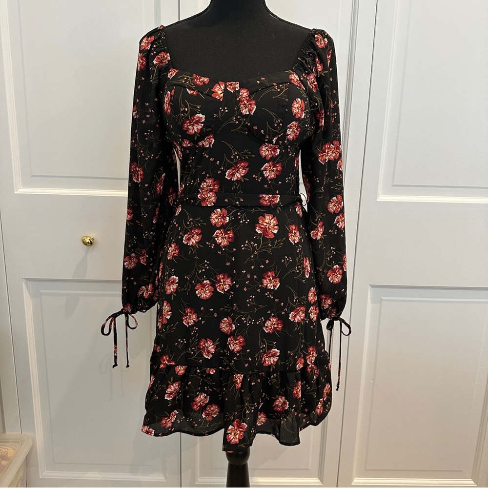 Lily Rose Floral Black Dress with Red and Orange Accents